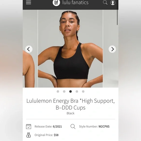 Lululemon Energy Bra *High Support, B–DDD Cups Black 38DD - Picture 2 of 11